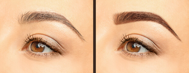 Collage with photos of woman before and after eyebrows dyeing with henna, closeup. Banner design