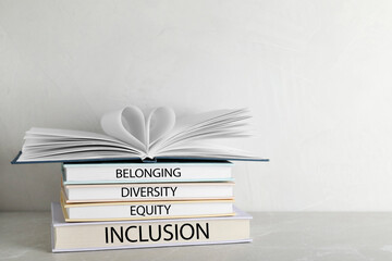 Stack of hardcover books with words Belonging, Diversity, Equity, Inclusion on table against white...