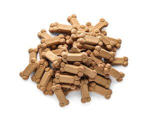 Bone shaped dog cookies on white background, top view