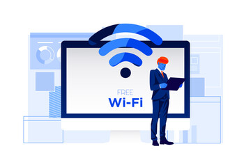 Business man using computer and tablet with free wifi symbol blue color