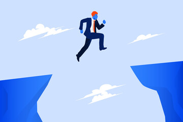 Businessman jump through the gap obstacles between hill to success. Business risk and success concept. Vector Illustration 