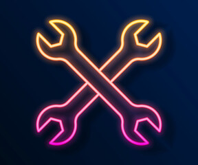 Glowing neon line Wrench spanner icon isolated on black background. Spanner repair tool. Service tool symbol. Vector