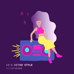 80s music retro party clipart girl with record player. Cartoon character human vector card.