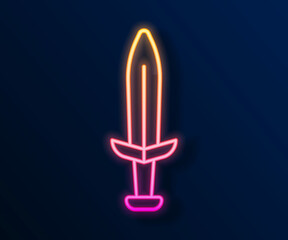 Glowing neon line Medieval sword icon isolated on black background. Medieval weapon. Vector