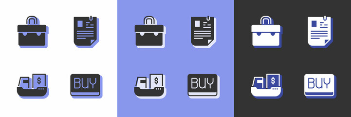 Set Buy button, Briefcase, Cargo ship with boxes delivery and Resume icon. Vector