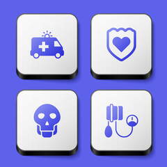 Set Ambulance car, Immune system, Skull and Blood pressure icon. White square button. Vector