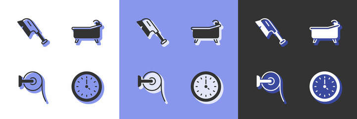 Set Clock, Brush for cleaning, Toilet paper roll and Bathtub icon. Vector