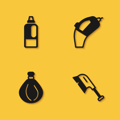 Set Bottle for detergent, Brush cleaning, Garbage bag and Portable vacuum cleaner icon with long shadow. Vector