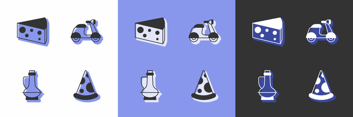 Set Slice of pizza, Cheese, Bottle olive oil and Scooter icon. Vector