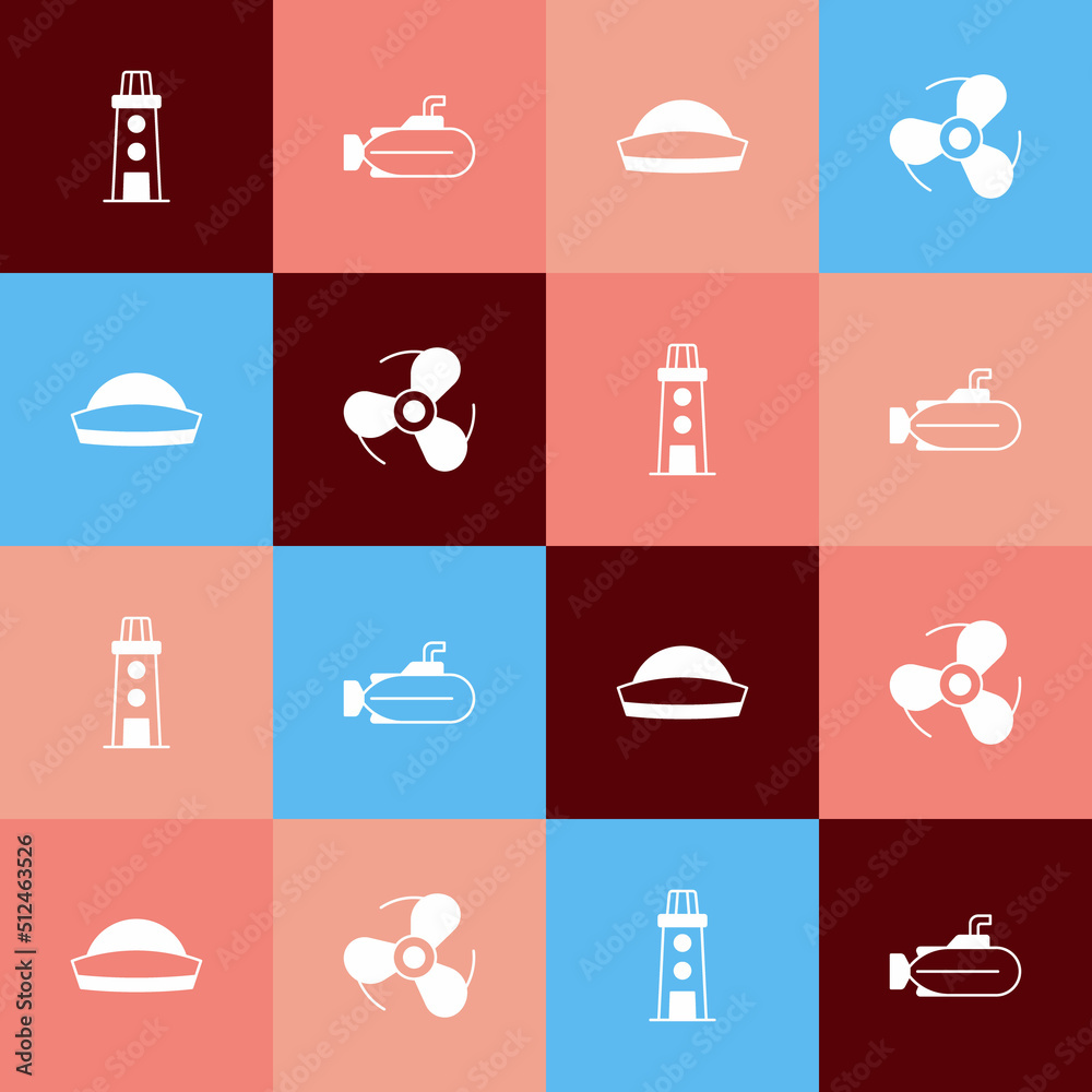 Poster set pop art lighthouse, submarine, sailor hat and boat propeller icon. vector