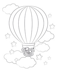 Hot air balloon coloring page printable. Cute air balloon with flower basket. Clouds and stars. Outline hand drawn vector illustration for coloring book. Black line art drawing on white background.