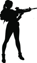 Black and white silhouette of a girl with a gun. A super woman in a leather military suit with pistols and a submachine gun or rifle. A computer game character