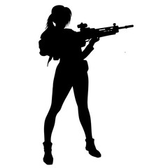 Black and white silhouette of a girl with a gun. A super woman in a leather military suit with pistols and a submachine gun or rifle. A computer game character