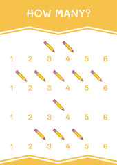 How many of Pencil, game for children. Vector illustration, printable worksheet