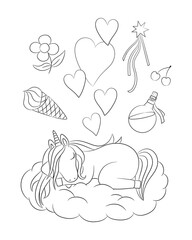 Unicorn coloring page printable. Cute baby unicorn sleeping on a cloud watching dreams. Hand drawn vector illustration for coloring book. Black outline drawing on white background.