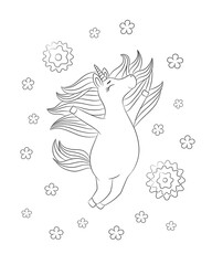Girl unicorn coloring page printable. Cute toddler girl unicorn eating ice cream. Hand drawn vector illustration for coloring book. Black outline drawing on white background.