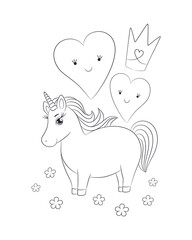 Unicorn coloring page printable. Cute pony unicorn lovely image. Hand drawn vector illustration for coloring book. Black outline drawing on white background.