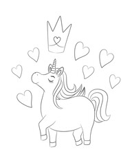 Unicorn coloring page printable. Cute fun unicorn looking proud and confident. Hand drawn vector illustration for coloring book. Black outline drawing on white background.