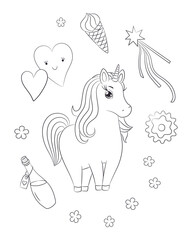 Unicorn coloring page printable. Cute pony unicorn with magical symbols. Hand drawn vector illustration for coloring book. Black outline drawing on white background.