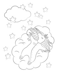Unicorn coloring page printable. Cute baby unicorn sleeping on a cloud. Hand drawn vector illustration for coloring book. Black outline drawing on white background.