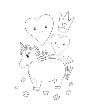 Unicorn coloring page printable. Cute pony unicorn lovely image. Hand drawn vector illustration for coloring book. Black outline drawing on white background.