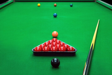 snooker ball on the green snooker table at snooker club.