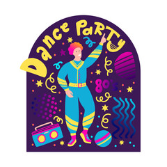 80s man poster. Prank dancing boy retro vector illustration. Cartoon flat party print