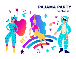 Fototapeta premium Kidult prank girl and boy human vector character set. Man and woman pajama party 