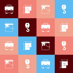 Set pop art Toolbox, House plan, Paint bucket and Crane hook icon. Vector