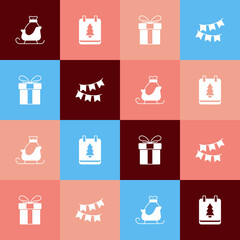 Set pop art Christmas santa claus sleigh, day calendar, Gift box and Carnival garland with flags icon. Vector
