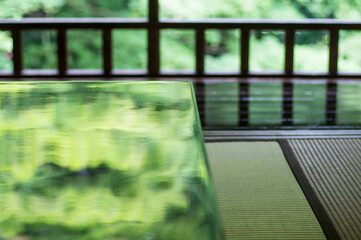 Fresh green of maple reflected on the table of Rurikoin, Kyoto, Japan