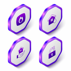 Set Isometric Fire flame, House flood, in hand and Broken or cracked lock icon. Purple hexagon button. Vector