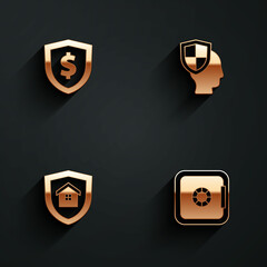 Set Shield with dollar, Life insurance shield, House and Safe icon with long shadow. Vector