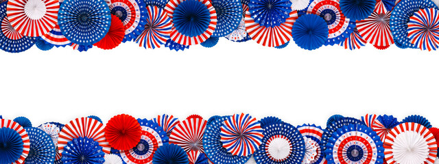Festive red, white, and blue USA decorations banner. For patriotic celebrations like 4th of July, Memorial day, Veteran's day, or other US American holidays with copy space for text. - obrazy, fototapety, plakaty