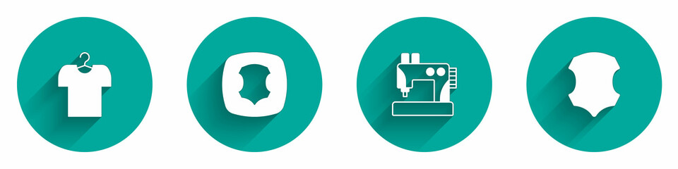Set T-shirt on hanger, Leather, Sewing machine and icon with long shadow. Vector