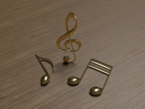 机上の黄金の音符　3Dイラストレーション