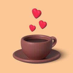 Cup of black coffee and red hearts on yellow background. 3d illustration