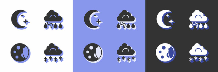 Set Cloud with snow, Moon and stars, phases and lightning icon. Vector