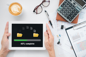Transfer files data system relocation concept, Person hand using digital tablet waiting for...