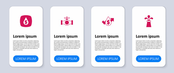 Set Oil rig, price increase, pipe with valve and drop dollar symbol. Business infographic template. Vector