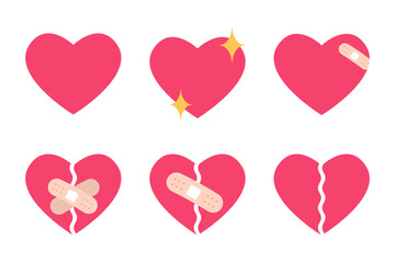 Heart shape set, broken heart and crack fixed with bandage. breakup and heartbreak symbol.