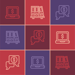 Set line Laptop with dollar, Business negotiations and Office folders icon. Vector