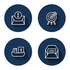 Set line Envelope, Target financial goal, Cargo ship with boxes delivery and with long shadow. Blue circle button. Vector