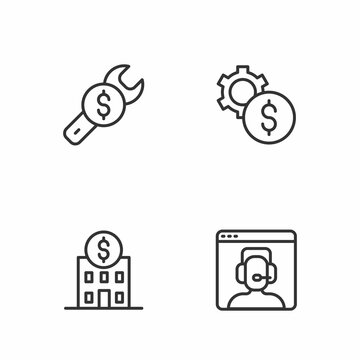 Set line Telephone 24 hours support, Bank building, Repair price and Gear with dollar symbol icon. Vector
