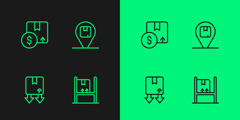 Set line Warehouse interior with boxes, Cardboard traffic symbol, Carton cardboard and Location icon. Vector