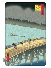 日本の浮世絵　歌川広重　大はしあたけの夕立　ベクターイラストレーション