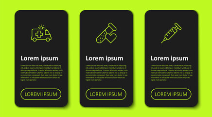 Set line Ambulance car, Test tube with blood and Syringe. Business infographic template. Vector