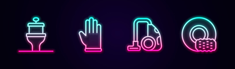 Set line Toilet bowl, Rubber gloves, Vacuum cleaner and Washing dishes. Glowing neon icon. Vector