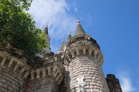 Medieval castle replica soars into blue sky