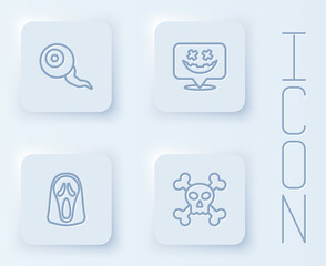 Set line Eye, Happy Halloween holiday, Funny and scary ghost mask and Skull on crossbones. White square button. Vector